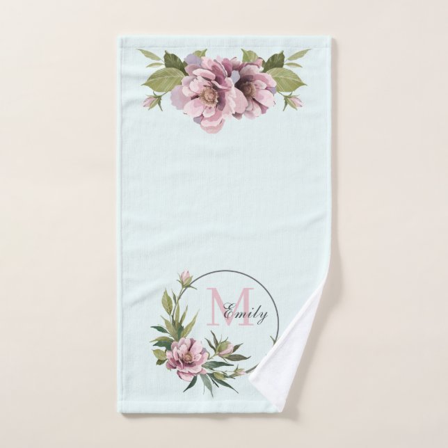 Teal, Pink peonies personalized initial monogram Hand Towel (Hand Towel)