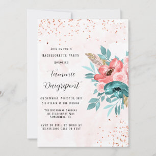 Teal & Pink Peony Flowers Bachelorette Party Invitation