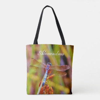 Teal Pink Purple dragonfly w/ Name Tote Bag
