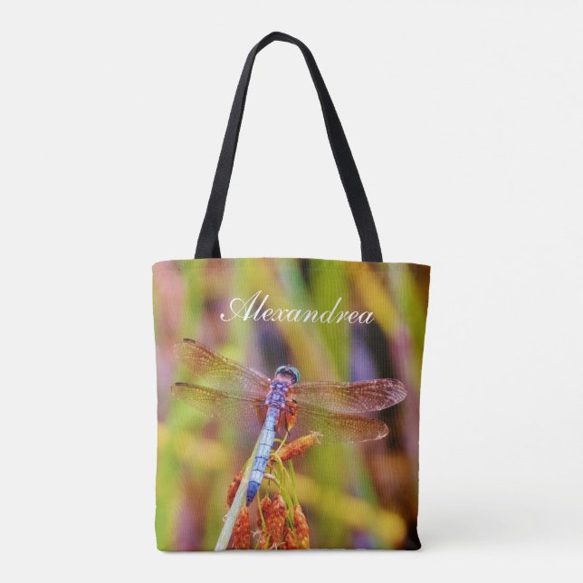 Teal Pink Purple dragonfly w/ Name Tote Bag (Back)