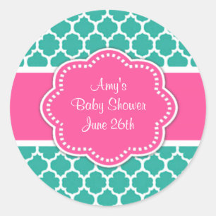Teal Pink Quatrefoil Baby Shower or Birthday Classic Round Sticker