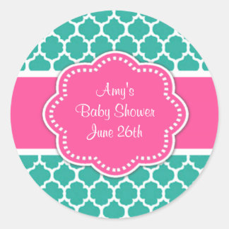Teal Pink Quatrefoil Baby Shower or Birthday Classic Round Sticker