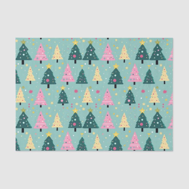 Teal Pink Retro Christmas Trees Tissue Paper (Front)