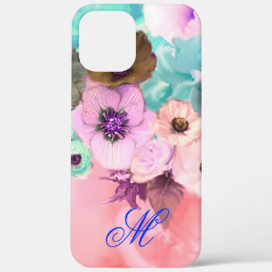 TEAL PINK ROSES AND ANEMONE FLOWERS MONOGRAM iPhone 12 PRO MAX CASE