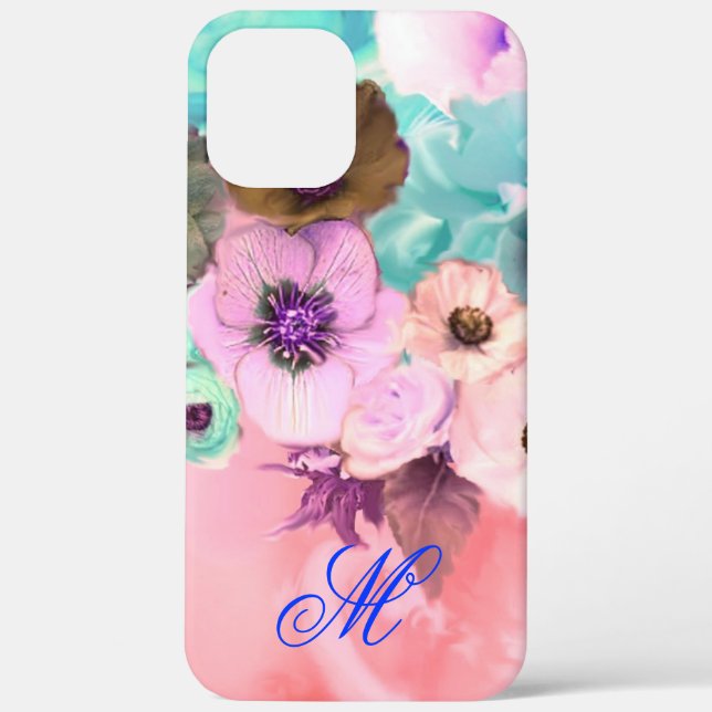 TEAL PINK ROSES AND ANEMONE FLOWERS MONOGRAM Case-Mate iPhone CASE (Back)