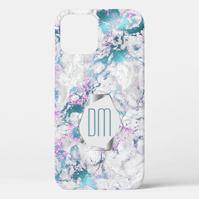 Teal Pink Silver Marble Monogram Case-Mate iPhone Case (Back)