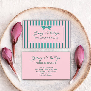 Teal & Pink Stripes & Bow Retro Business Card