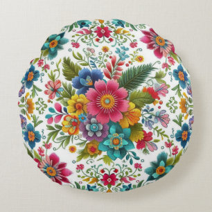 Teal Pink Yellow Colourful Embroidery Style Flower Round Pillow