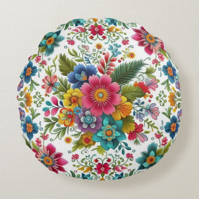 Teal Pink Yellow Colourful Embroidery Style Flower Round Pillow (Front)
