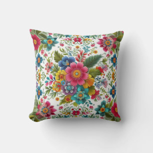 Teal Pink Yellow Colourful Embroidery Style Flower Throw Pillow