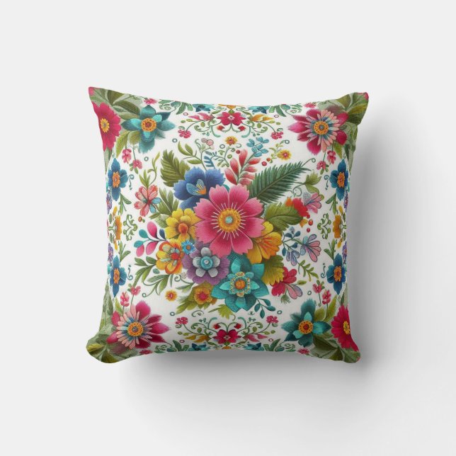 Teal Pink Yellow Colourful Embroidery Style Flower Throw Pillow (Front)