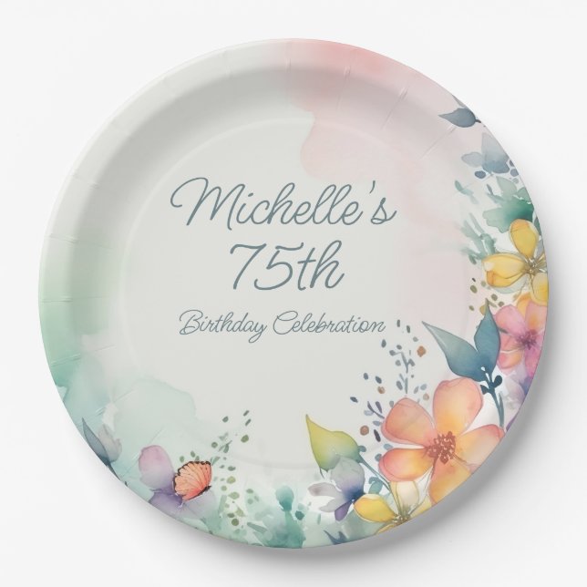 Teal Pink Yellow Pastel Floral 75th Birthday Paper Plate (Front)