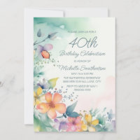 Teal Pink Yellow Pastel Flowers 40th Birthday