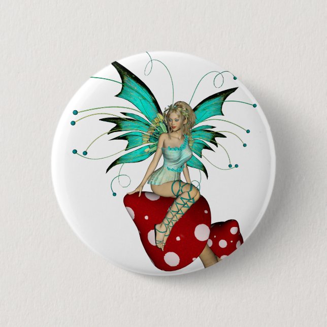 Teal Pixie & Mushrooms 3D 2 Inch Round Button (Front)