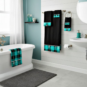 Teal plaid and arrows bath towel set