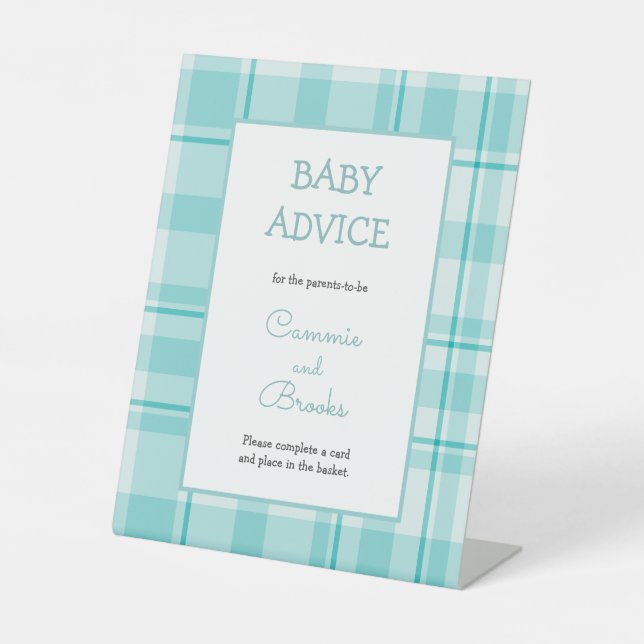 Teal plaid baby advice table sign (Front)