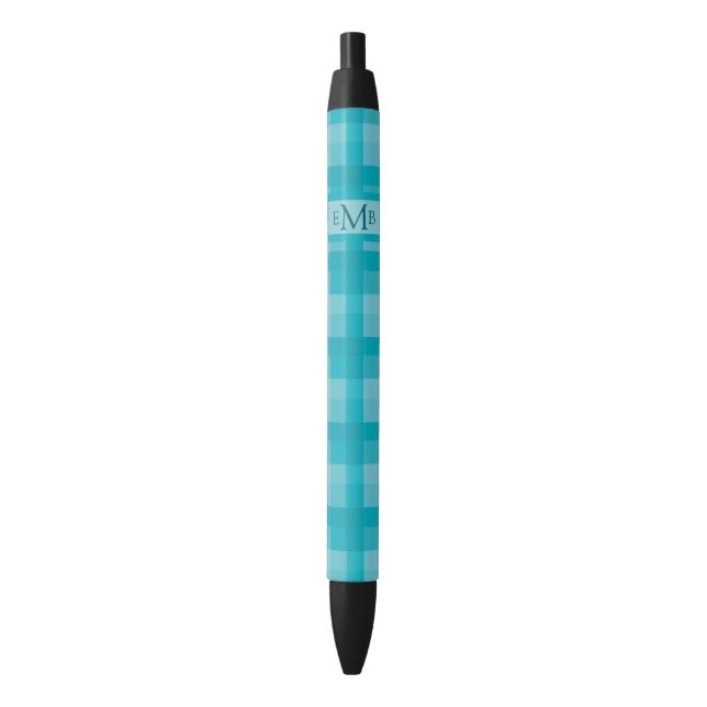 Teal Plaid Custom Monogram Initials  Black Ink Pen (Front Vertical)
