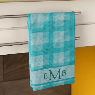 Teal Plaid Custom Monogram Initials Kitchen Towel