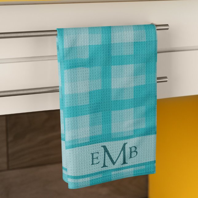 Teal Plaid Custom Monogram Initials Kitchen Towel (Creator Uploaded)