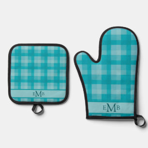 Teal Plaid Custom Monogram Initials Oven Mitt & Pot Holder Set