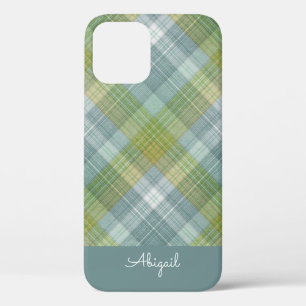 Teal Plaid Elegant Script Name iPhone 12 Case