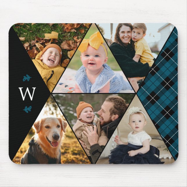 Teal Plaid Geometric Photo Collage Monogram Mouse Pad (Front)