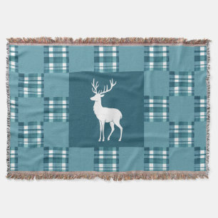 Teal Plaid with White Deer Silhouette Throw Blanket