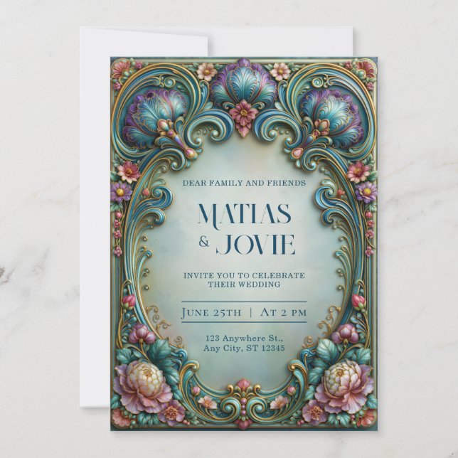 Teal Plum Filigree Wedding Invitation (Front)
