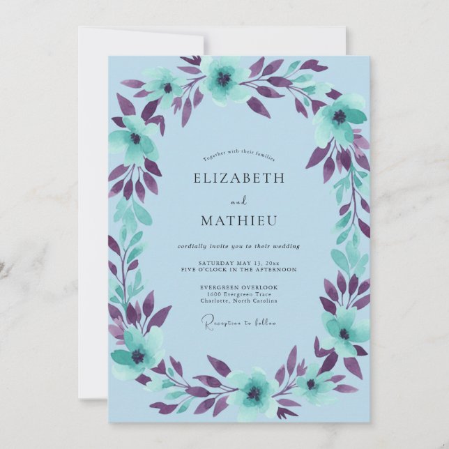 Teal Plum Leafy Wedding Invitation (Front)