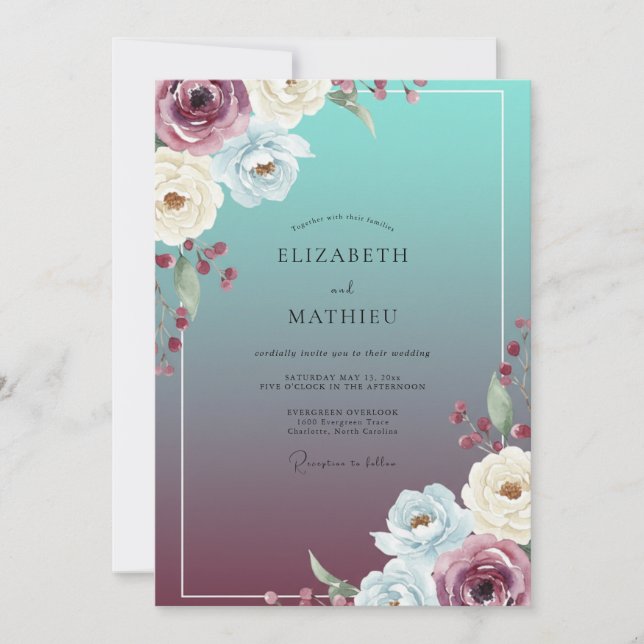Teal Plum Ranunculus Eucalyptus Wedding Invitation (Front)