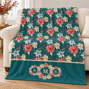 Teal Poinsettia Initials Family Christmas Gift Fleece Blanket