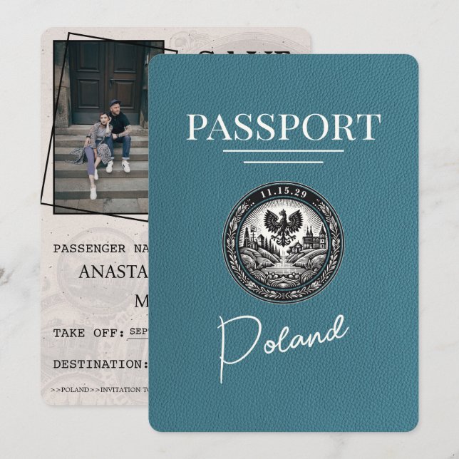 Teal Poland Passport Save The Date (Front/Back)