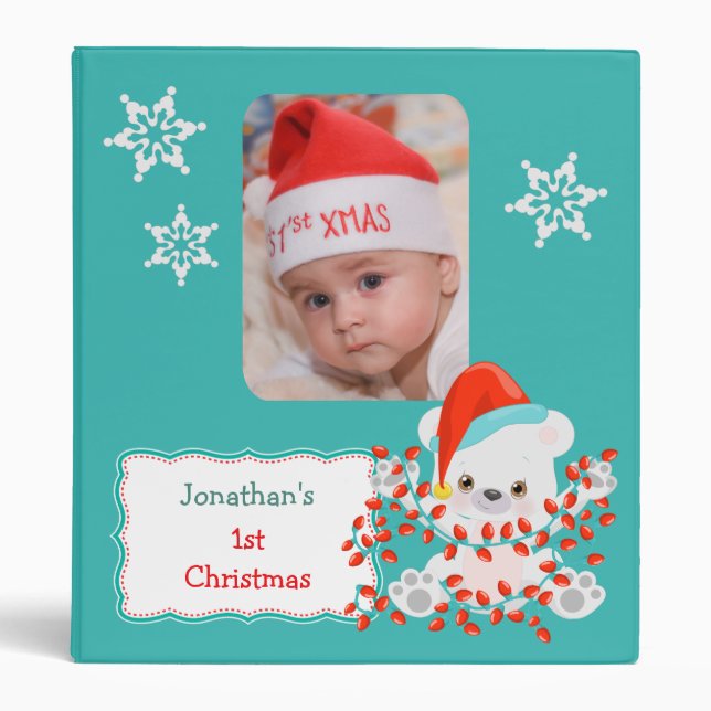 Teal Polar Bear 1st Christmas Photo Template Binder (Front)