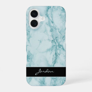 Teal Polished Marble Stone with Name iPhone 16 Case