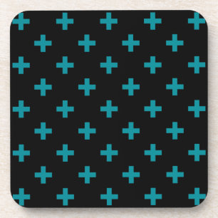 Teal polka crosses on black coaster