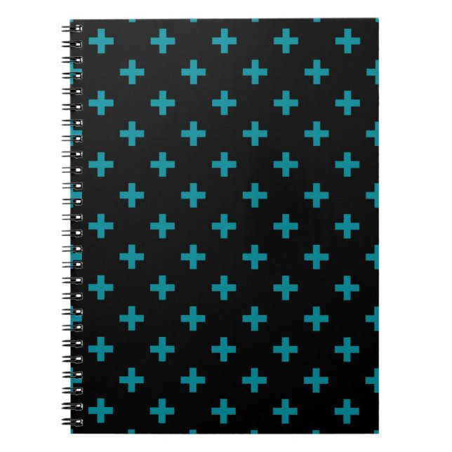 Teal polka crosses on black notebook (Front)