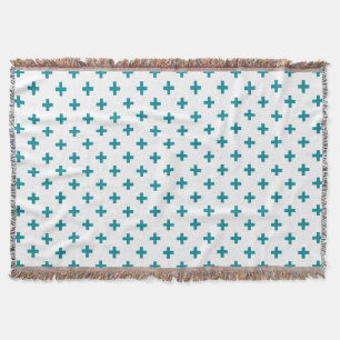 Teal polka crosses on white throw blanket