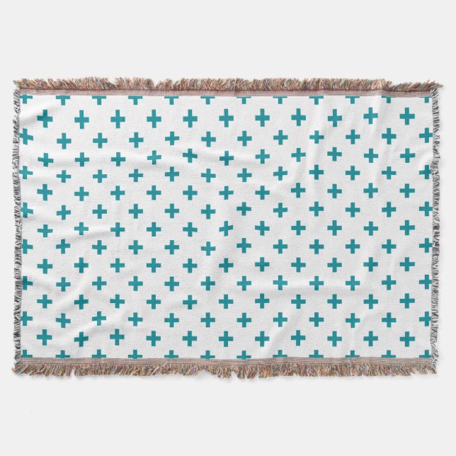 Teal polka crosses on white throw blanket (Front)