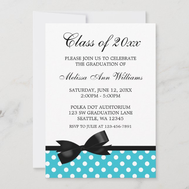 Teal Polka Dot Black Bow Graduation Announcement (Front)