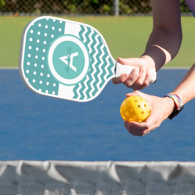 Teal Polka Dot Chevron Pickleball Paddle (Insitu)