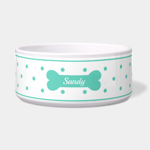 Teal Polka Dots On White With Dog Bone & Name