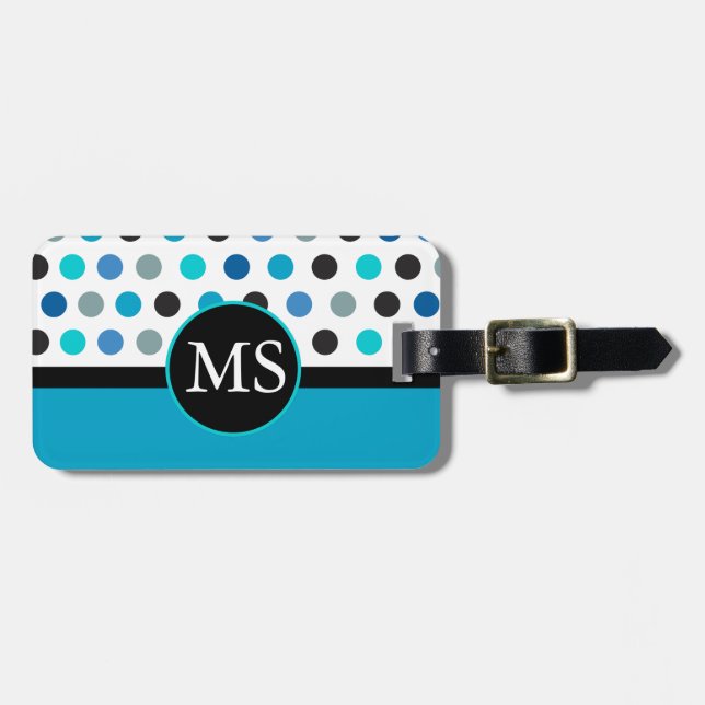 Teal Polka Dots Stripes Monogram Luggage Tag (Front Horizontal)