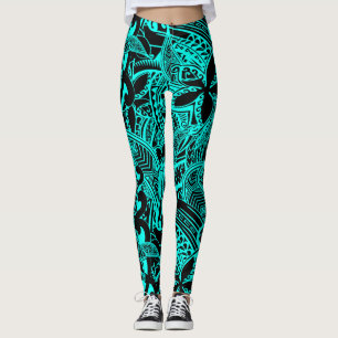 Teal Polynesian - Hawaiian Teal Tribal Designs Leggings
