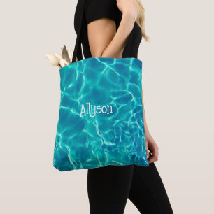 Teal Pool Water, White Name or Monogram Tote Bag