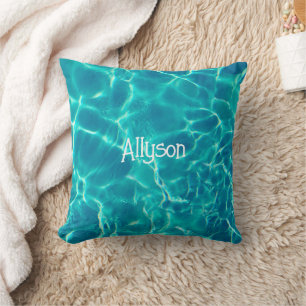 Teal Pool Water, White Name or Monogram, Vs 2 Throw Pillow