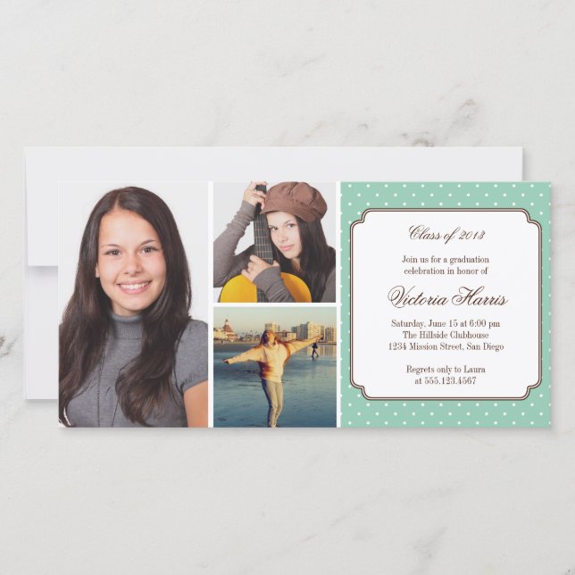 Teal preppy polka dot graduation announcement (Front)