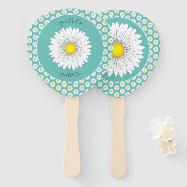 Teal Pretty Little Daisy Custom Paddle Shaped Hand Fan (Front and Back)