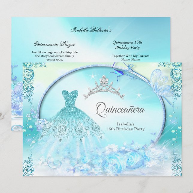 Teal Princess Quinceanera Magical Dress Invitation (Front/Back)