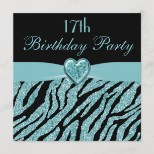 Teal Printed Heart & Zebra Glitter 17th Birthday Invitation