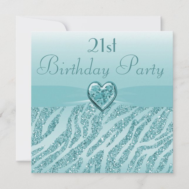 Teal Printed Heart & Zebra Glitter 21st Birthday Invitation (Front)